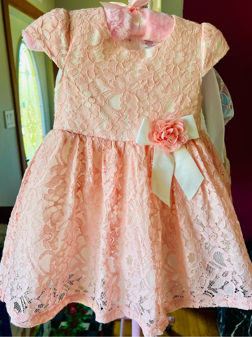 Koala Kids Pink Lace Dress with Bow & Floral Accent